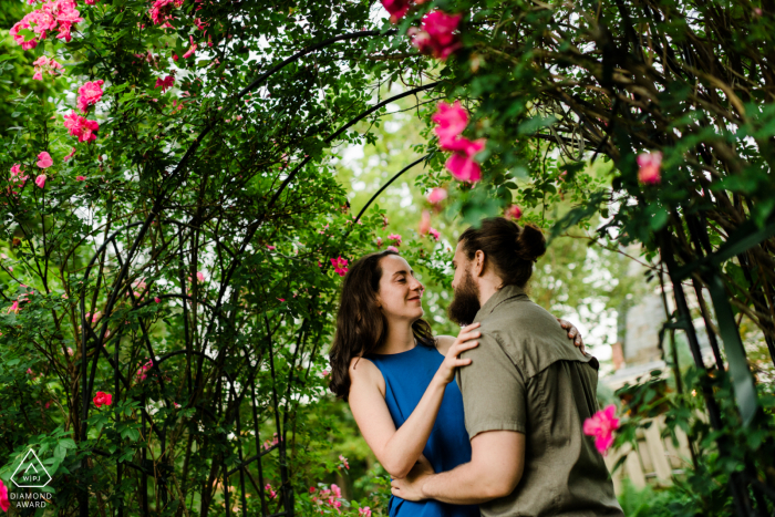 A pre-wedding session in The Stockade, Schenectady, New York highlighting A young couple lovingly embraced under a beautiful rose trellis outside on a warm summer day