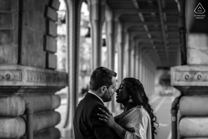 Epic Paris engagement session in BW from France At the Bir-Hakeim bridge