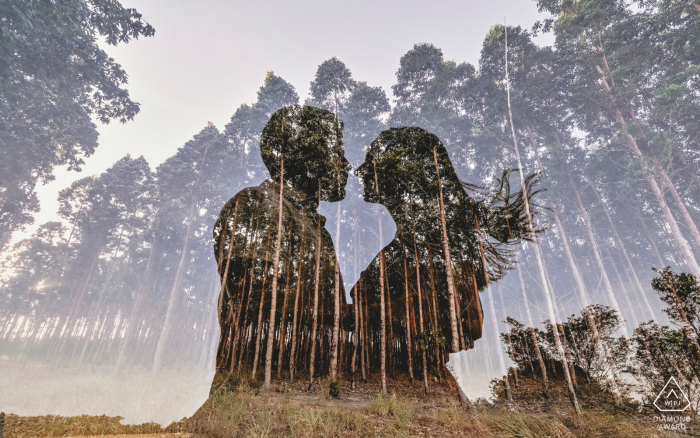 A romantic Plantação de Eucalipto em Roteiro pre wedding session with a Double exposure of the couple with the Eucalyptus trees A romantic Plantação de Eucalipto em Roteiro pre wedding session with a Double exposure of the couple with the Eucalyptus trees