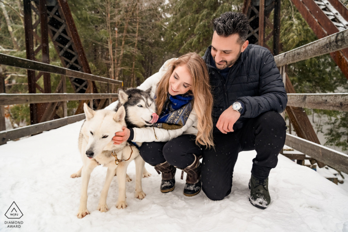 Sessão de retratos de casais de estilo de vida de inverno de New Hampshire com cães Husky na ponte coberta de neve