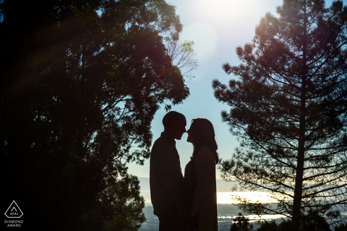 Photographie de portrait de style de vie de la région de la baie pour un couple d'Oakland qui est fiancé et offre à sa silhouette d'amoureux dans la forêt contre le ciel et les arbres