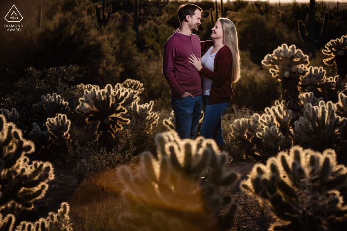 Fotos de noivado aventureiros em Apache Junction no Arizona em um campo de cholla