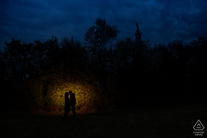 A romantic engagement session in Nancy, France for a creative Couple portrait at night