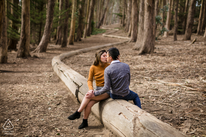 Sessione fotografica di fidanzamento di Lovers Lane a San Francisco durante Un momento per fermarsi e riflettere lungo il sentiero boscoso