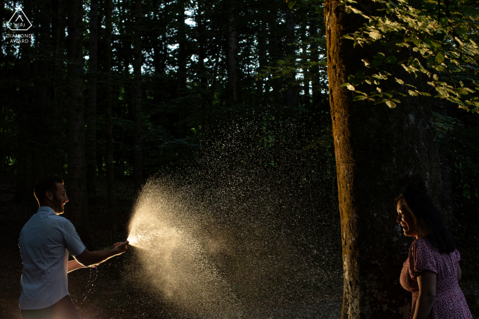 She said yes, post marriage proposal picture session in Vosges, Tendon with some Champagne for fun