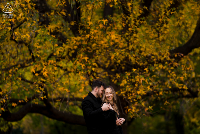 Un ritratto all'aperto di Melbourne vicino a grandi alberi autunnali per una coppia appena fidanzata che annuncia il loro fidanzamento a Victoria, in Australia