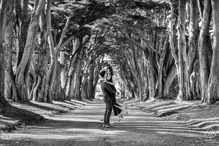 Un'avventura di coppia in California insieme per una moderna sessione di ritratti di annunci di fidanzamento a Point Reyes in BW presso il tunnel degli alberi