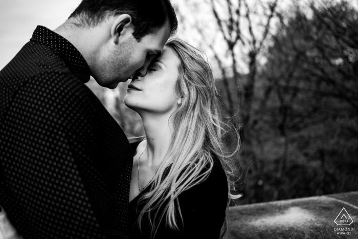 A Luxembourg, on location couple lifestyle portrait for the future bride and groom face to face in black and white