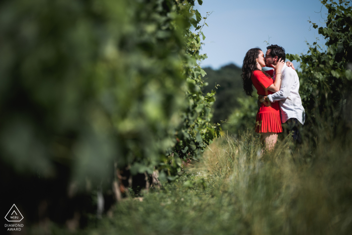 An Agen pre wedding photo session in the grass of the France countryside for young, kissing lovers