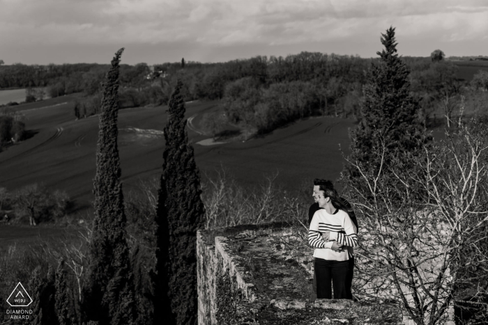 The soon-to-be-married couple will forever remember their engagement shoot at the beautiful Castelnau in Lectoure, France, with their romantic silhouettes captured on the surrounding walls