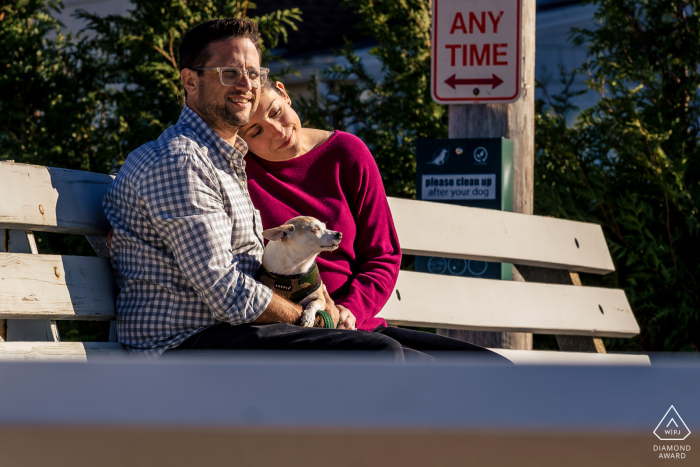 In Danbury, CT, an engaged couple sits on a bench in a sunlit neighborhood park, enjoying the day with their pup by their side. The bright setting captures their relaxed and joyful mood.
