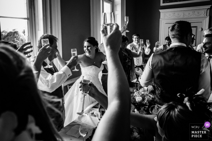 Photo by: <a href="https://www.wpja.com/contests/2018-v11/best-wedding-photographers/2261066">Paul Tansley - Bordon Hampshire</a> Penton Park, Hampshire wedding picture of guests toasting the bride and groom at the reception.