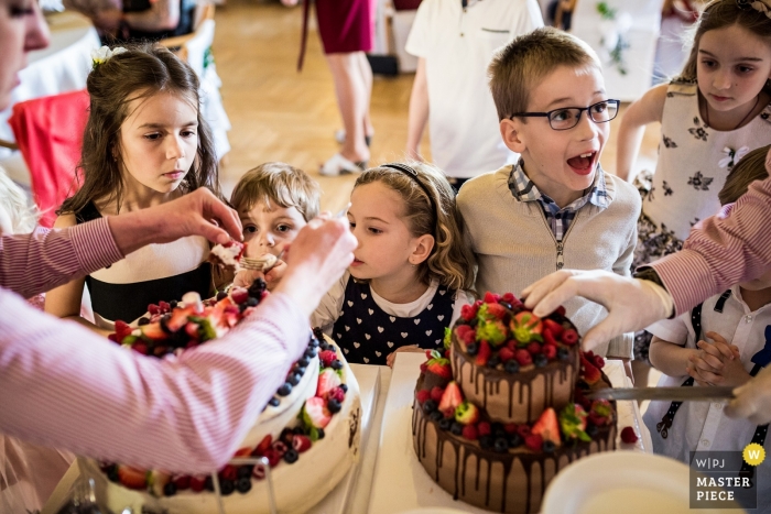 Photo by: <a href="https://www.wpja.com/contests/2019-v01/best-wedding-photographers/2437316">Matouš Bárta - Prague </a> Nové Adalbertinum kids are actively involved - cutting the cakes at the wedding reception