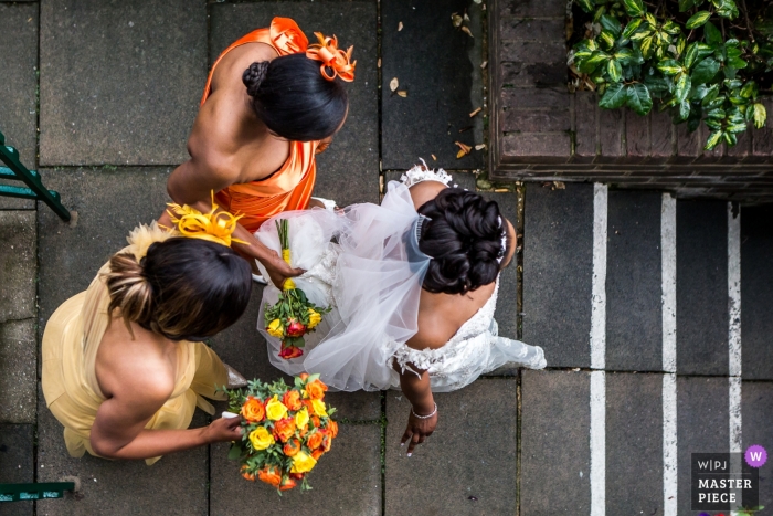 Chigwell House, London overhead photo of the bride walking to the wedding ceremony.