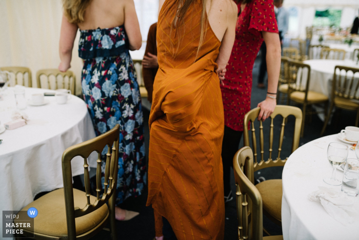Photo by: <a href="https://www.wpja.com/contests/2019-v05/best-wedding-photographers/2482456">Mike Riley - Teignmouth Devon</a> A child hides under a womans skirt at the reception in Suffolk GB | Photo by a Devon Wedding Photographer