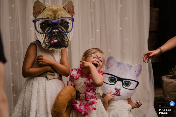 Photo by: <a href="https://www.wpja.com/contests/2019-v08/best-wedding-photographers/2517701">Monika Zaldo - Zaldibia Guipuzcoa</a> Children play with large cutouts of cats and dogs during the ceremony in Baserri Maitea, Spain in this award-winning photo by a Gipuzkoa, Biscay documentary wedding photographer.