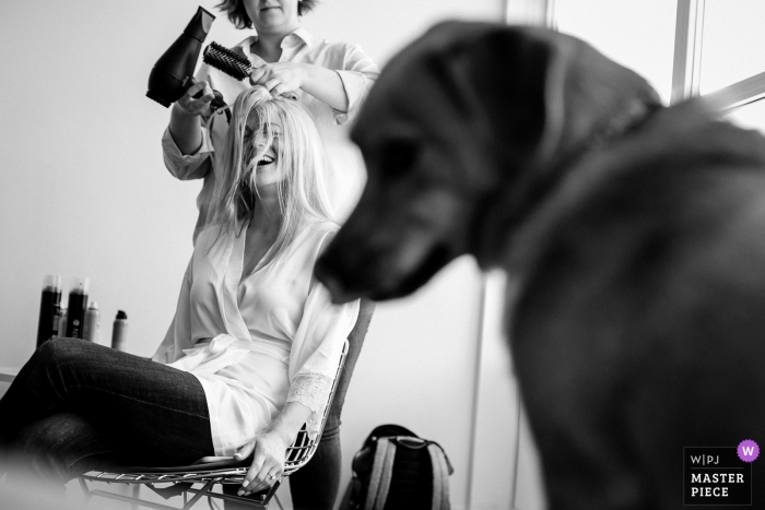 Photo by: <a href="https://www.wpja.com/contests/2019-v09/best-wedding-photographers/2528006">Stacy Gillespie - Silverthorne Colorado</a> Hotel Jerome wedding image of bride getting ready with her dog in the foreground.
