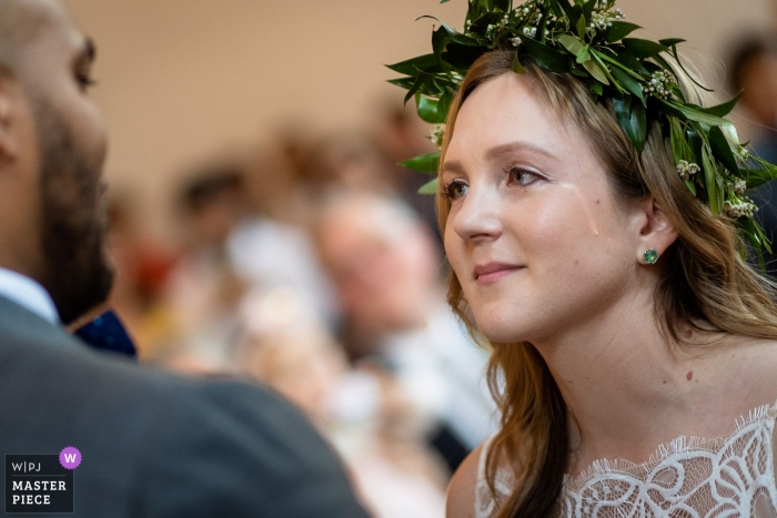 Upstairs Atlanta GA Wedding Photos - Bride sheds a tear during vows 