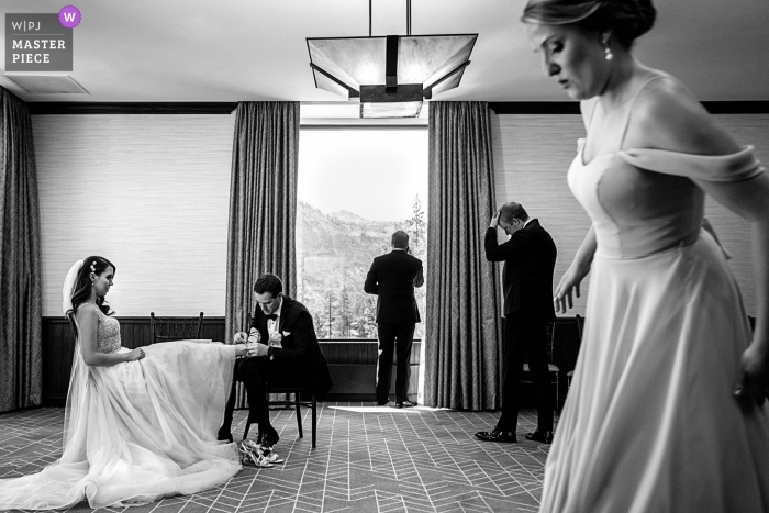Photo by: <a href="https://www.wpja.com/contests/2019-v12/best-wedding-photographers/2547882">Shaunte Dittmar - Lake Tahoe California</a> Resort at Squaw Creek, CA - Photo of the bride, groom and bridal party wait for the ceremony to start