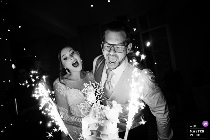 Photo by: <a href="https://www.wpja.com/contests/2019-v12/best-wedding-photographers/2548334">Andreas Pollok - Hemsbach Baden-Württemberg</a> Wedding Photography from Burg Rheinstein | Black and white wedding cake cutting photography of bride and groom