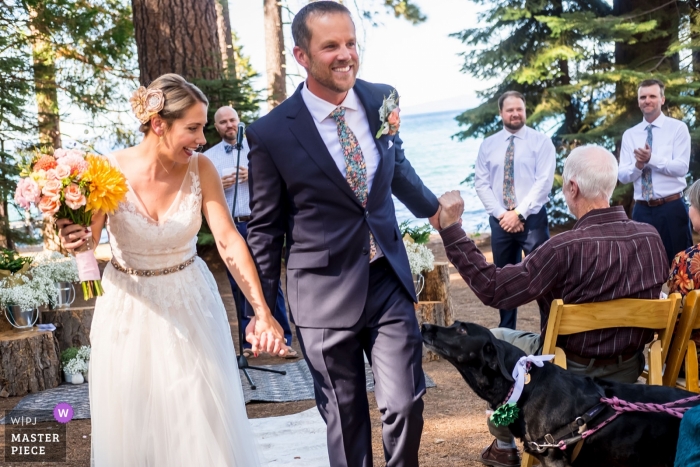 Camp Richardson Resort Lake Tahoe Trouwlocatiefotograaf - Bruid en bruidegom verlaten als man en vrouw terwijl gasten hen aanmoedigen en hun hond hen uit ziet lopen