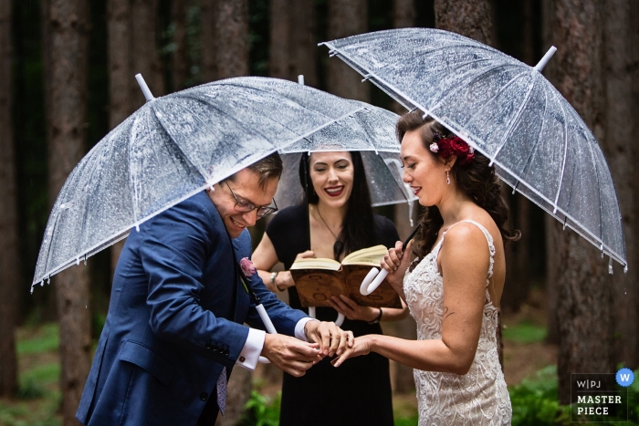 Photo by: <a href="https://www.wpja.com/contests/2019-v13/best-wedding-photographers/2550917">Todd Laffler - High Bridge New Jersey</a> Rainy Day Wedding Photos from Roxbury Barn, Roxbury NY | Groom struggles to put ring on bride's hand in the rain