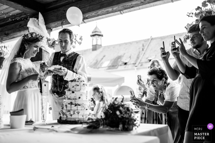 Foto del matrimonio di Sudický Dvůr dal ricevimento - Molti ospiti con macchine fotografiche, è importante documentare il taglio della torta