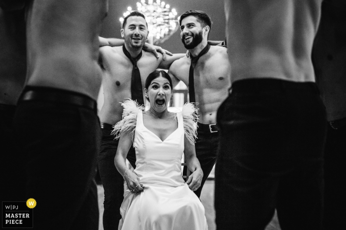 Photo by: <a href="https://www.wpja.com/contests/2019-v14/best-wedding-photographers/2554160">Daniel Monteiro - Porto </a> menina - portugal wedding photographer - bride with shirtless men wearing ties