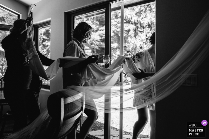Photo by: <a href="https://www.wpja.com/contests/2019-v14/best-wedding-photographers/2554259">Nicky Byrnes - Carnelian Bay California</a> Tahoe Vista, CA: Private Home Wedding Day Photography - Bridesmaids carry the bride's dress.