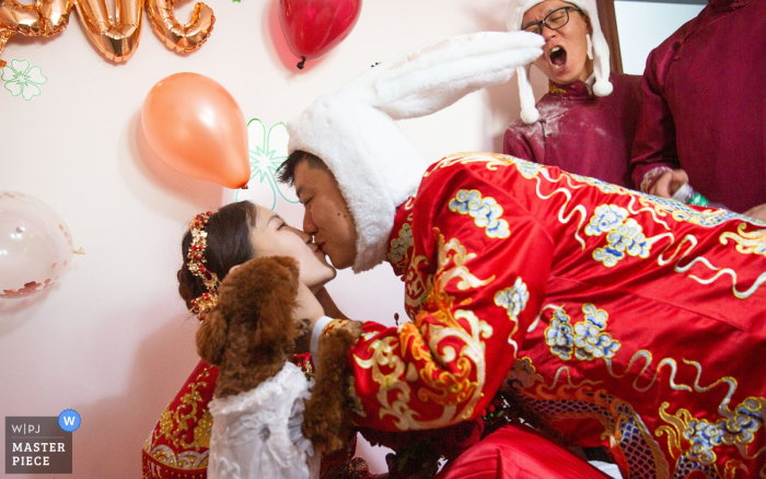 Photo: <a href="https://www.wpja.com/contests/2019-v15/best-wedding-photographers/2556427"> Binbin Wong - La ville de Xining </a> Xining, photographie de mariage au Qinghai - Lorsque le fiancé embrasse la mariée, le chiot préféré de la mariée a également rejoint le groupe.