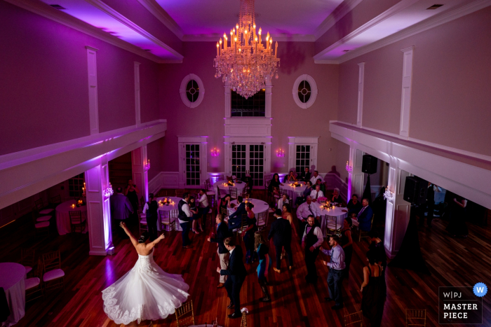 The bride spins and makes her dress flare on the dance floor. Wedding photographer for Rose Hill Manor, Raspberry Plain, Leesburg VA event venue