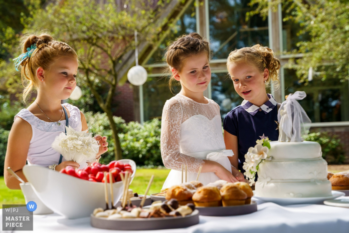 Imagem de casamento holandesa de De Holtweijde - meninas desmaiando sobre o bolo de casamento