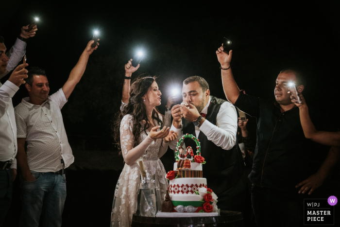 Dren, Sofia fotografía de la boda de la fiesta de recepción La novia y el novio cortan el pastel