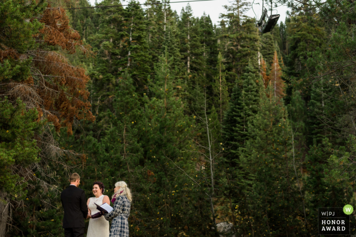A bride and groom elope in wooded privacy under the ski lifts Squaw Valley Resort - Olympic Valley, CA wedding venue photo - A bride and groom elope in wooded privacy under the ski lifts at Squaw Valley Resort in Olympic Valley, CA
