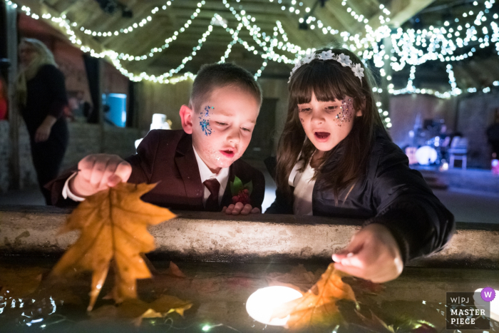 Photo by: <a href="https://www.wpja.com/contests/2019-v20/best-wedding-photographers/2576191">Ashley Coombes - Stirling Stirlingshire</a> Byre at Inchyra, Perthshire, Scotland wedding venue photos | Page boy and flower girl dipping leaves