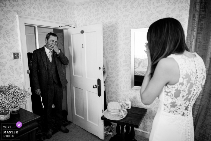 Old Rectory House, UK wedding reportage photography | Father of the Bride sees his daughter for the first time.