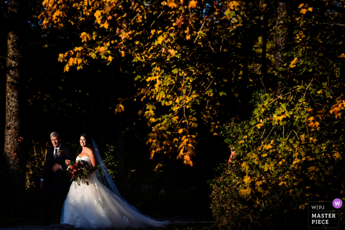 Photos de mariage de l'Equinox Resort - Manchester, VT - lieu de la cérémonie | La mariée s'apprête à descendre l'allée avec son père.