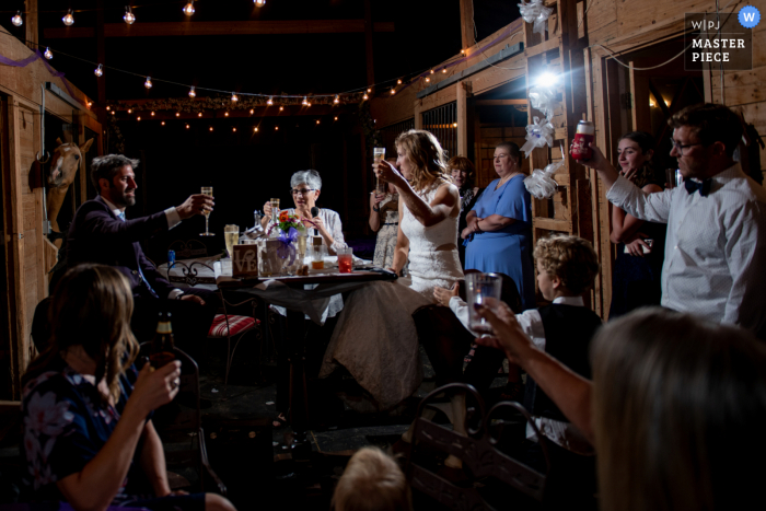 CO wedding photography from a barn in Parker during the Reception Toasts... with a secret guest... Check the back left for the horse