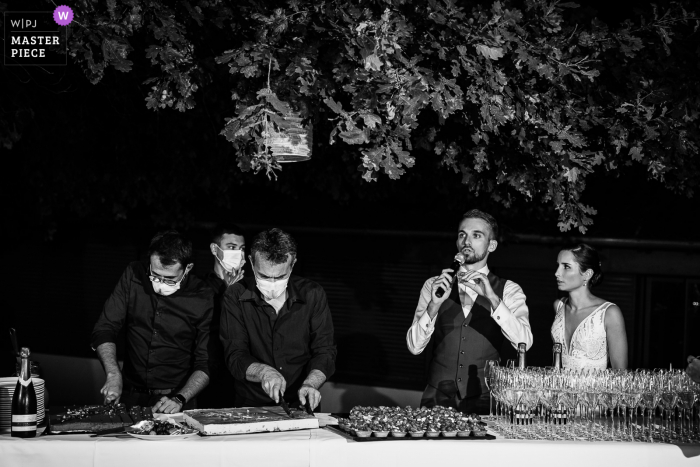 Burgundy wedding reception photo from a France diner venue cake serving 