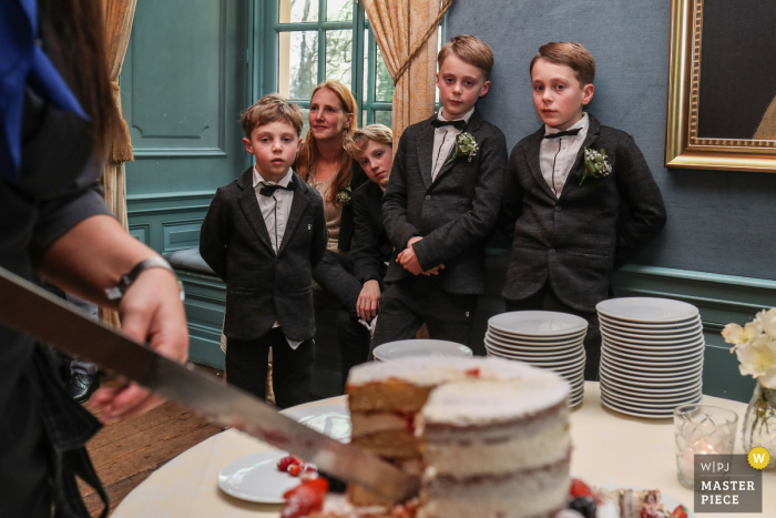 Reception wedding photo from castle Wijenburg, Echteld showing four brothers yearning for some cake 