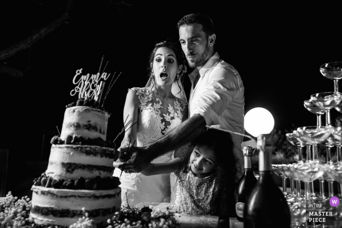 Montpellier, France	Cutting cake image of the bride and groom at the wedding venue