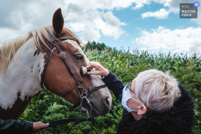 Morbihan Bretagne bruiloft afbeelding van de make-up voor de bruid ... en een paard