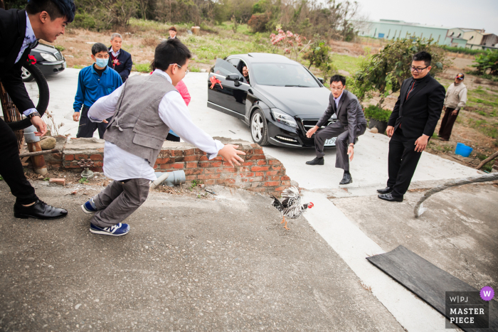 Taichung	Taiwan groom and his family chase the bride's lead chicken at the brides home