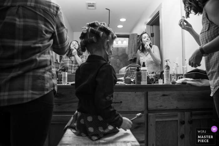 Bride, flower girls and bridesmaid putting on makeup at Wit's End, Ellijay, GA 