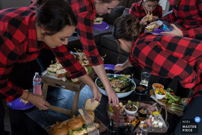 Wedding photography from a Colorado Hotel of the Bridesmaids getting lunch