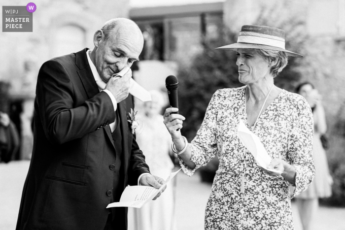 Photo by: <a href="https://www.wpja.com/contests/2020-v04/best-wedding-photographers/2602187">Guillaume Tranquard - Salagnon </a> French wedding image of the father of the bride showing emotion during his speech