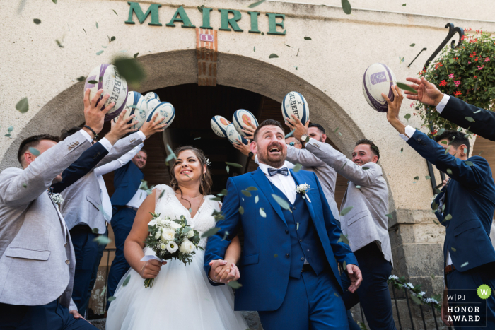 Domaine de Pécarrère, France wedding photography of the bride and groom exiting Mairie