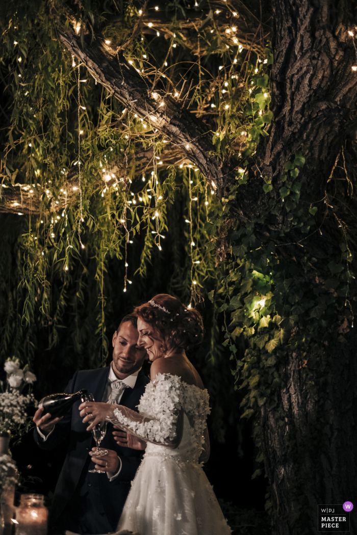 Foto del matrimonio di Alessandria dalla location del ricevimento piemontese all'aperto che mostra Il brindisi dopo il taglio della torta