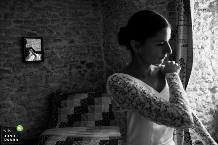 Vosges wedding photography from Chateau de Morey	showing Bride is getting ready just before the ceremony