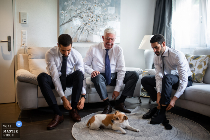 De huwelijksfoto van Zürich van de bruidegom, zijn vader en zijn broer en hun speciale hond die zich klaarmaken